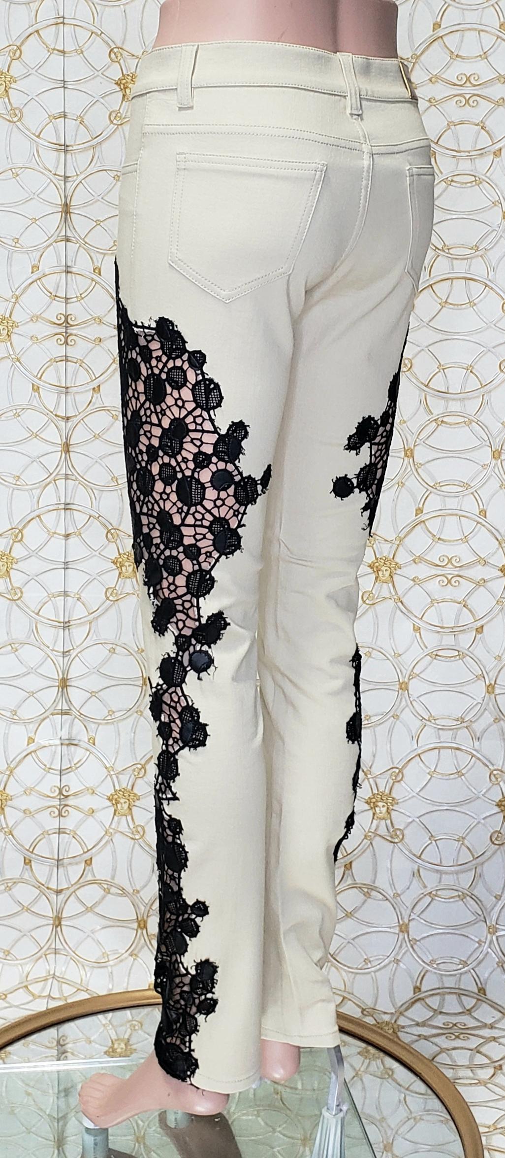 S/S 2013 Look # 19 VERSACE BEIGE JEANS w/BLACK LACE PANNEL size 26 In New Condition In Montgomery, TX