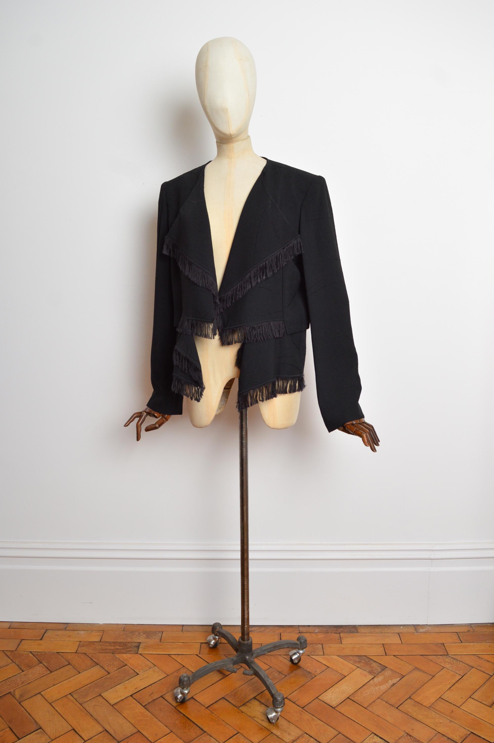 Spring / Summer 2015 CHLOÉ by Clare Waight Keller. 
An Elegant, tailored black Blazer with fringe trim edges, Worn by both Marianna Faithful and Princess Mette-Marite of Norway.
Size; Recommended Size UK 10
Measurements are provided in inches