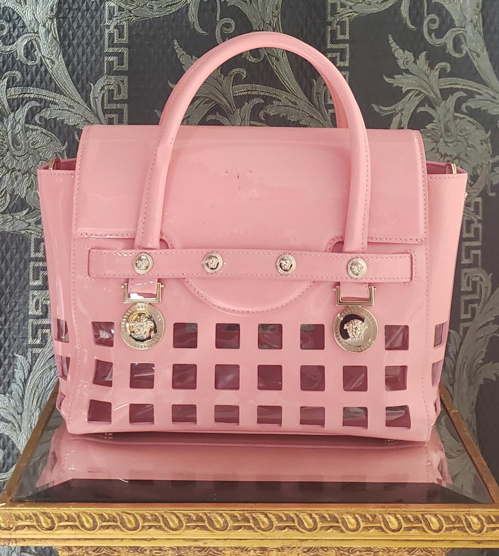 Women's S/S 2015 look # 11 VERSACE PERFORATED PATENT PINK LEATHER BAG For Sale