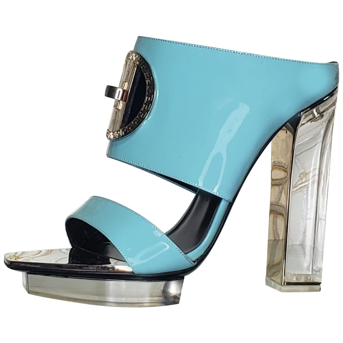 S/S 2015 look #29 VERSACE TEAL PLEXIGLASS PLATFORM Sandals