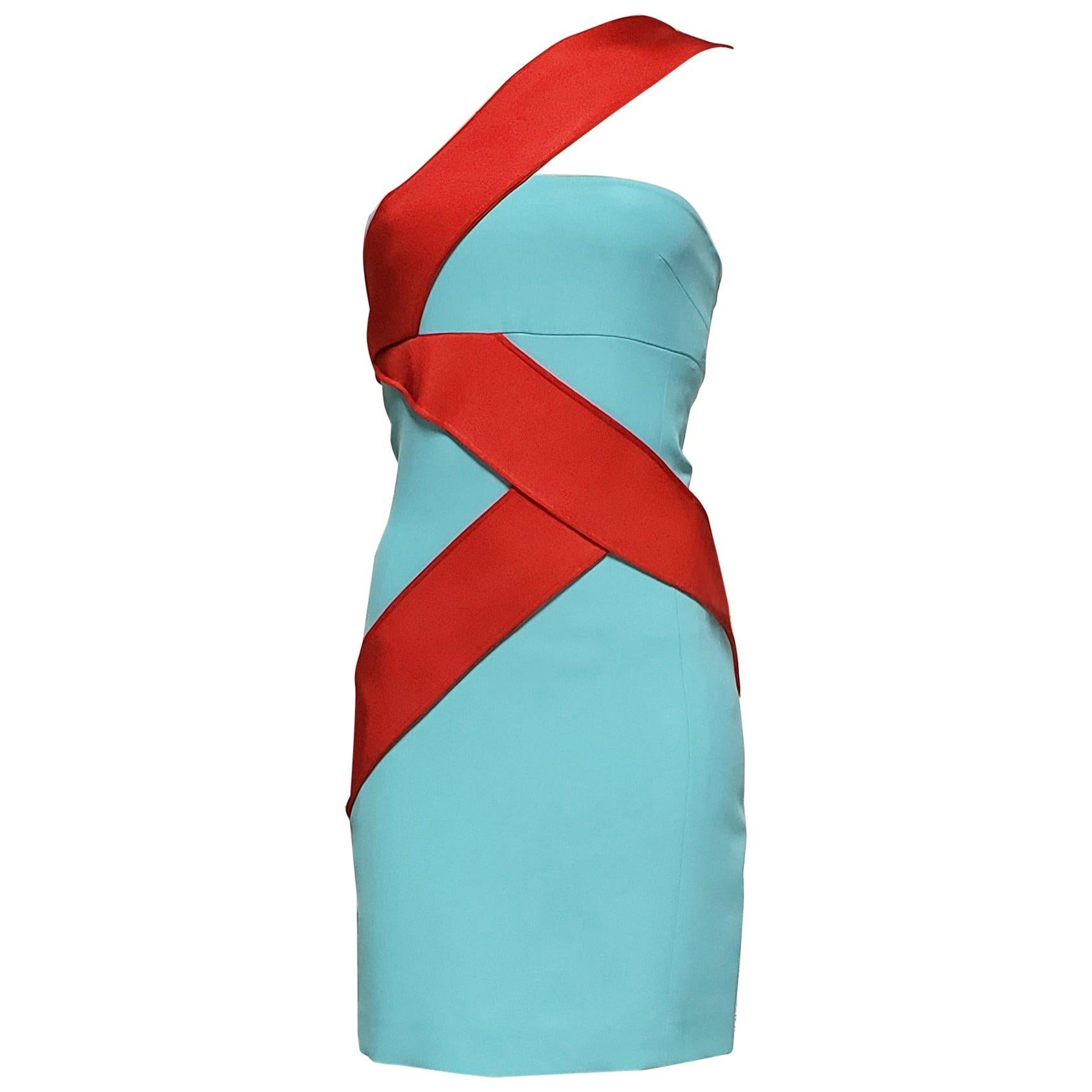 S/S 2015 look # 34 NEW VERSACE BLUE and RED SILK-CADY MINI DRESS 38 - 2  For Sale