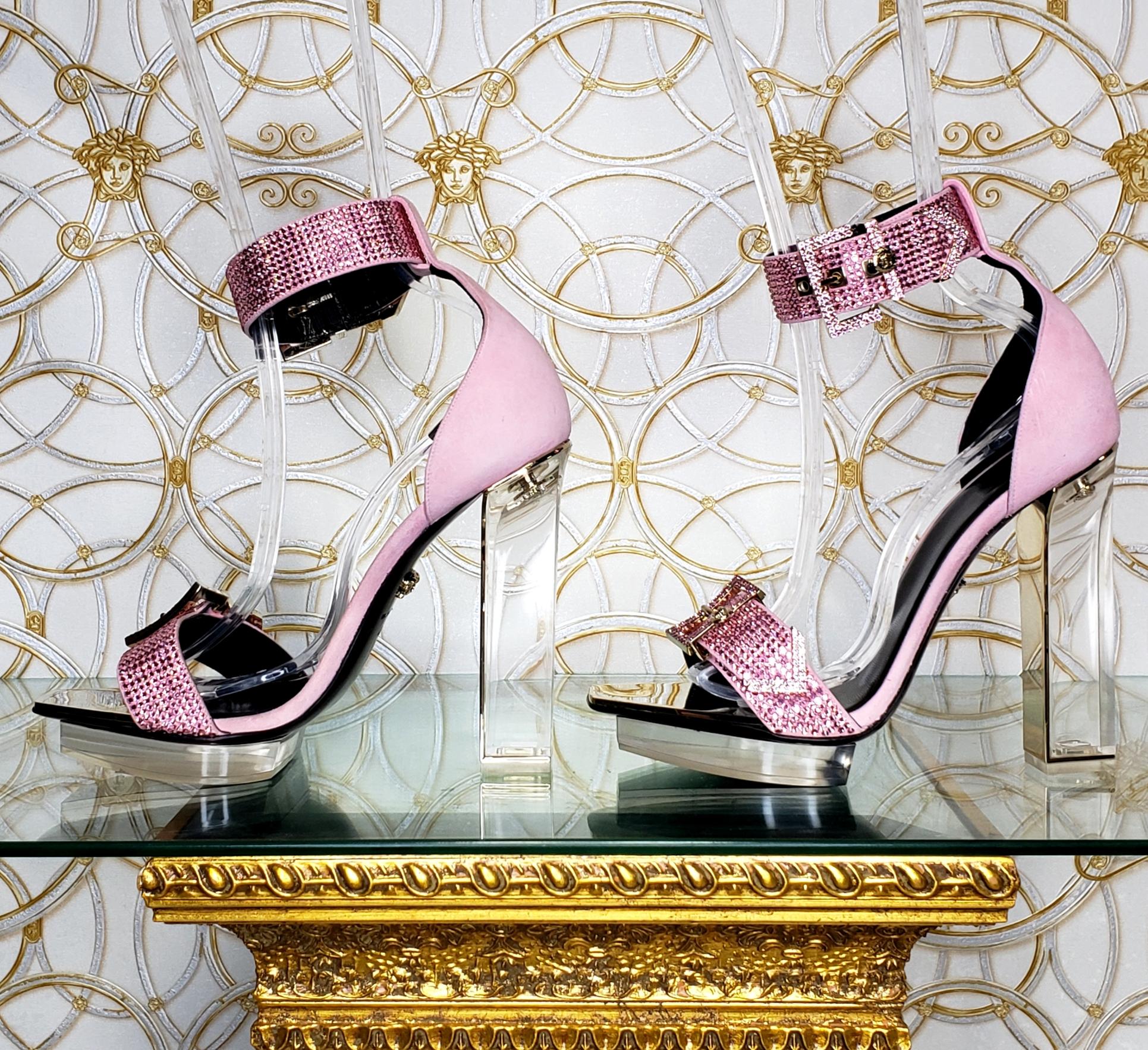 S/S 2015 look # 48 VERSACE pink crystal embellished plexiglass platform sandals In New Condition In Montgomery, TX