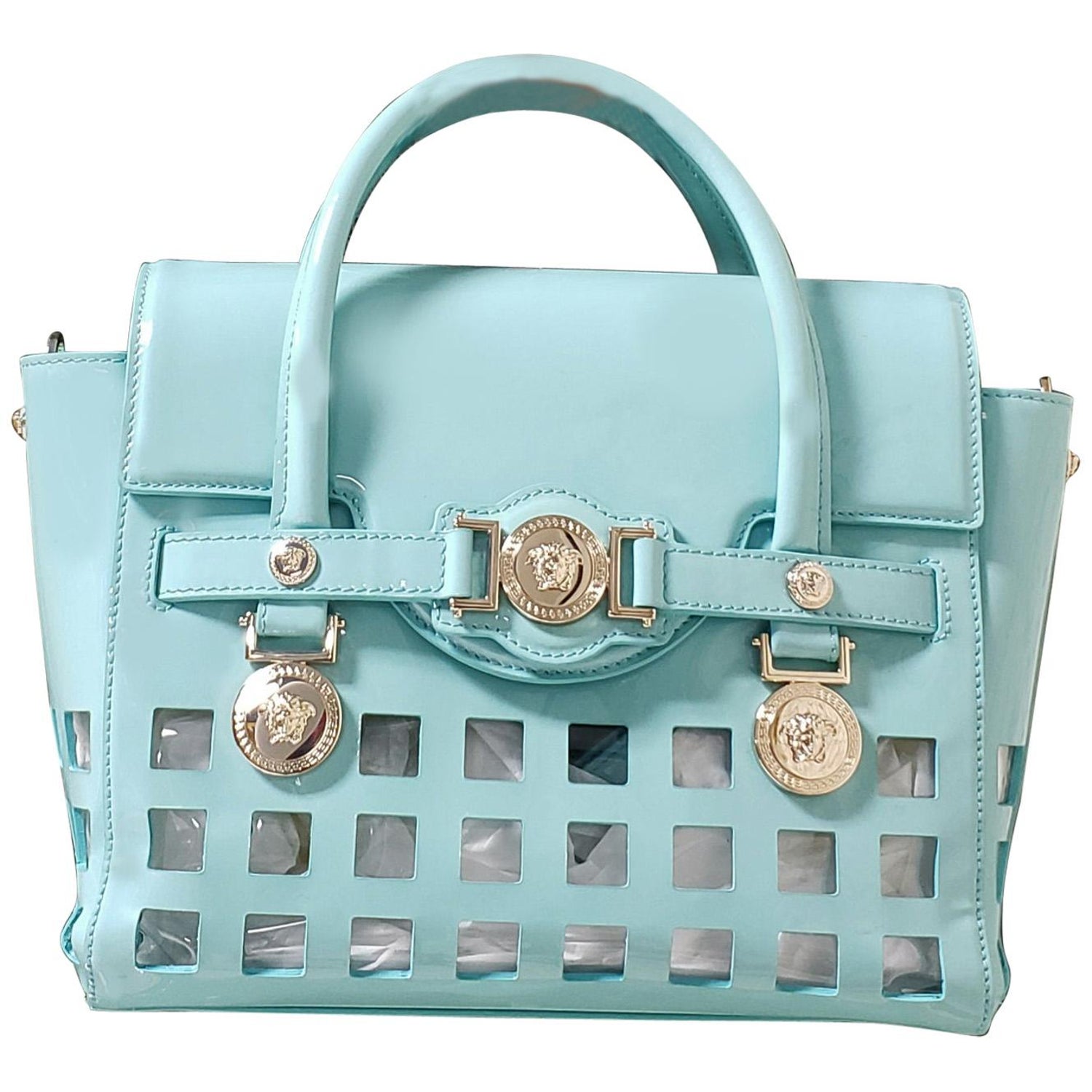 S/S 2015 look # 9 VERSACE PERFORATED PATENT BLUE LEATHER BAG For Sale at  1stDibs | 2015 fashion leather bag