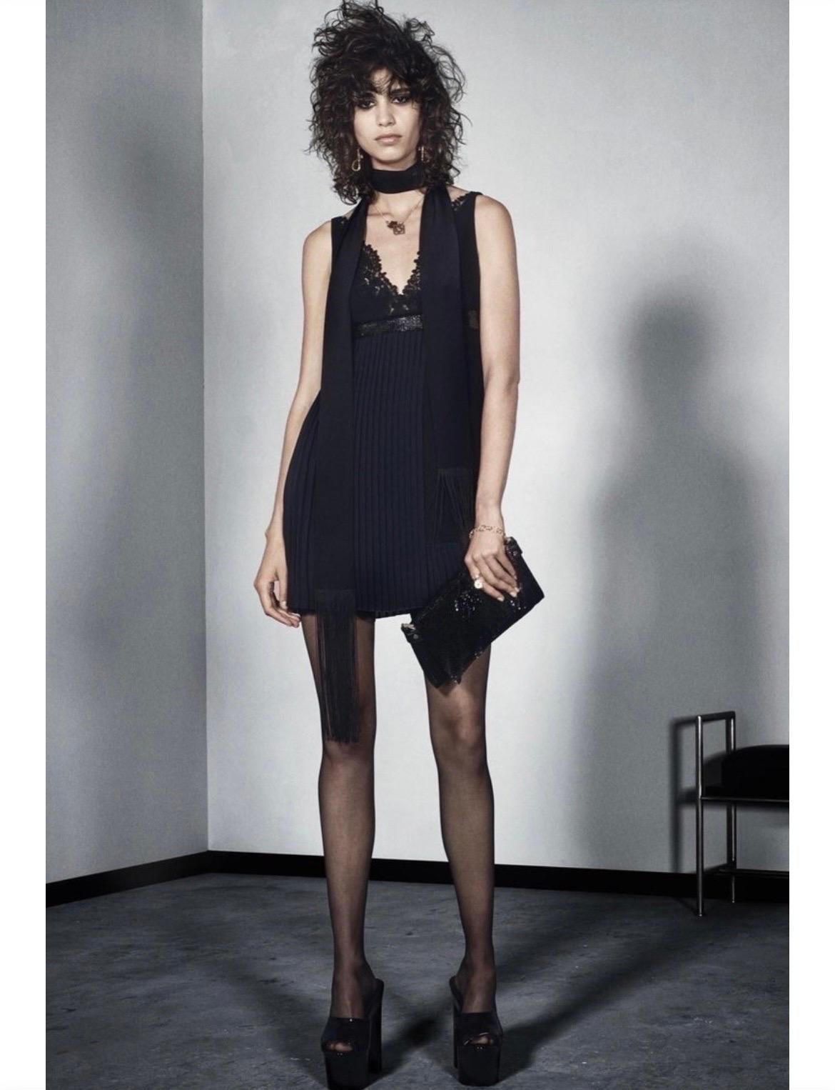 VERSACE 

Versace black pleated dress
Black metal mesh and lace embellished 
Zip on the side.
Content: 100% silk
Fully lined
Size  38 or US 2/4
armpit to armpit 16