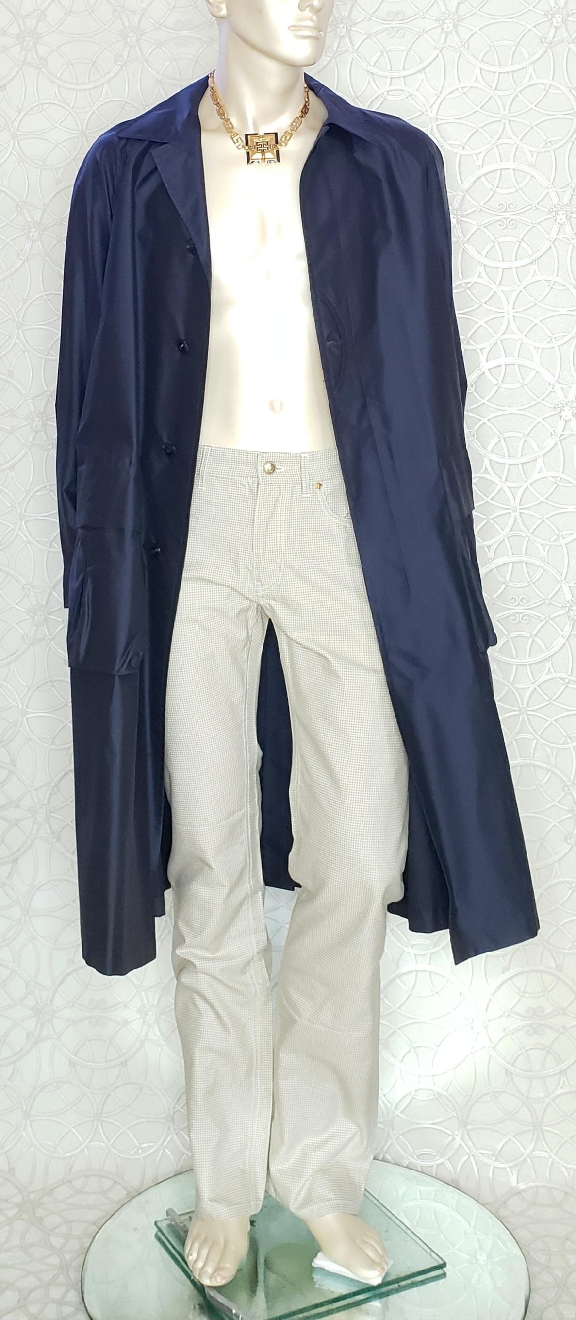 Blue S/S 2016 Look # 34 VERSACE BELTED NAVY BLUE TRENCH SILK COAT 50 - 40 For Sale