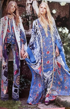 S/S 2017 ROBERTO CAVALLI BLUE SILK BOHO FLORAL PRINTED BLOUSE Size IT 48