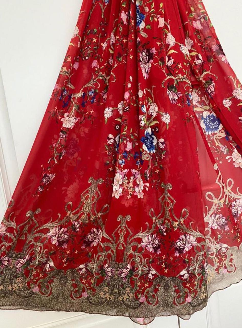 ROBERTO CAVALLI RED SILK GATHERED FLORAL PRINTED LONG DRESS Size IT 40 In New Condition In Montgomery, TX