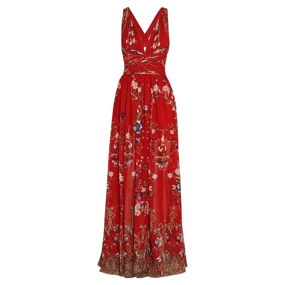 ROBERTO CAVALLI RED SILK GATHERED FLORAL PRINTED LONG DRESS Size IT 40