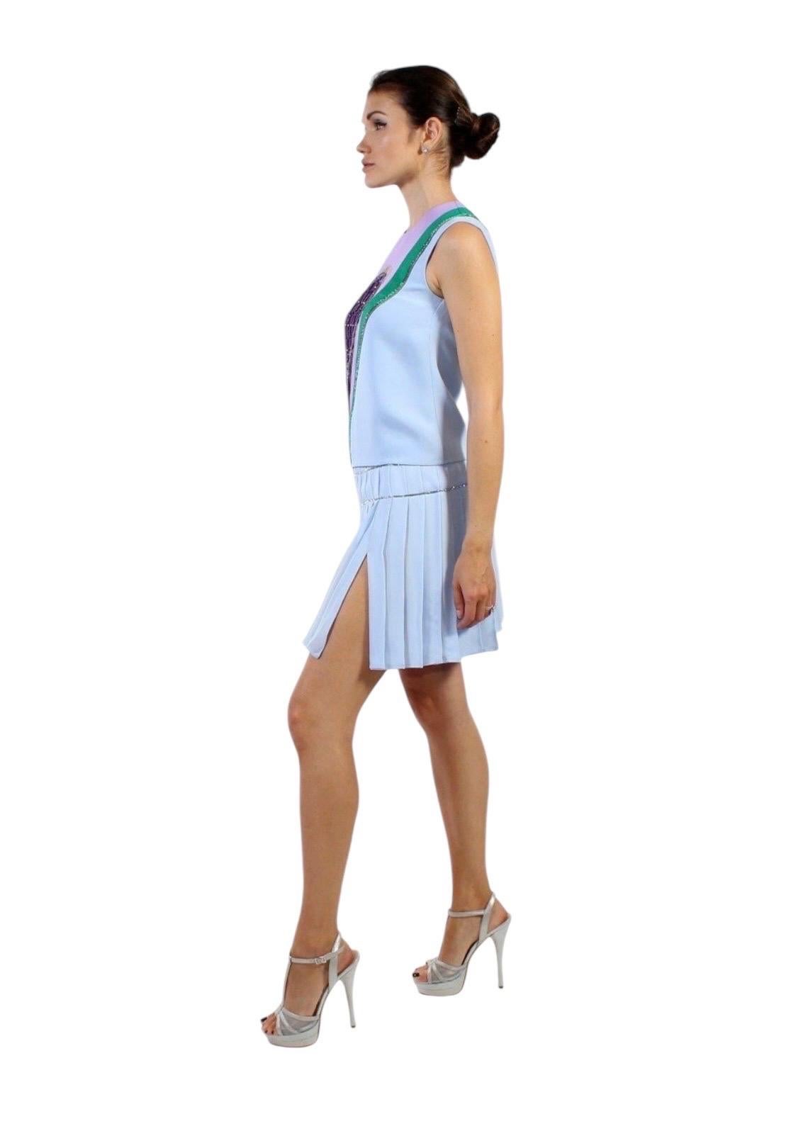 S/S 2017 Unique Versace Milan Échantillon Soie Bleu Cristal Embelli Jupe Tailleur 38 en vente 2