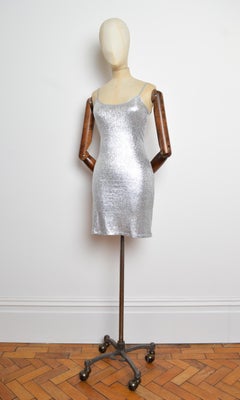 S/S 2019 PACO RABANNE Sparkly Silver Metallic Glossy Lamé Mini Slip Dress