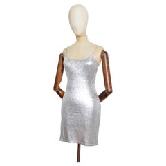 S/S 2019 PACO RABANNE Sparkly Silver Metallic Glossy Lamé Mini Slip Dress