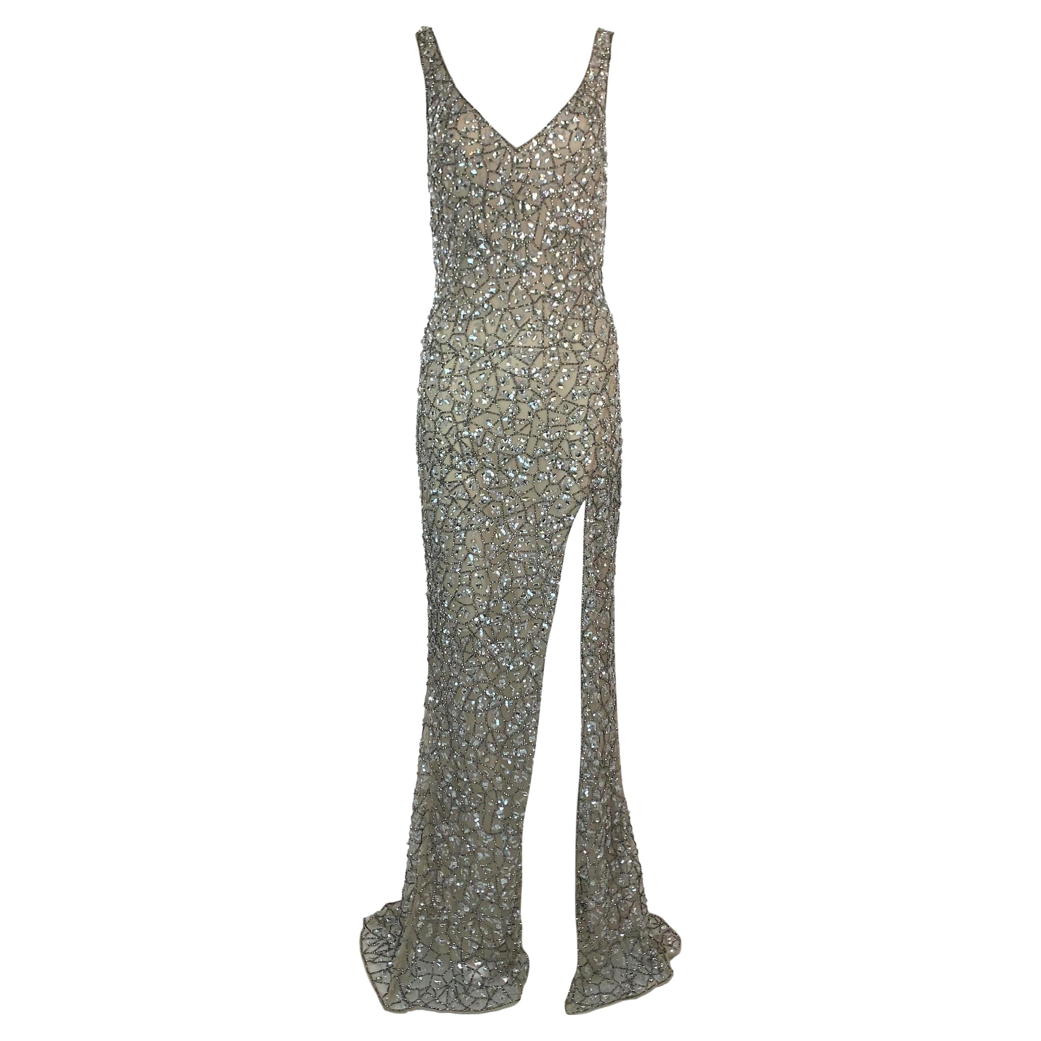 S/S 2019 Roberto Cavalli Plunging Crystal Embellished High Slit Gown Dress