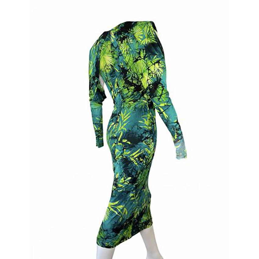 Donna P/E 2020 Look # 18 VERSACE VESTITO IN SETA VERDE CON STAMPA GIUNGLA taglia EU 38