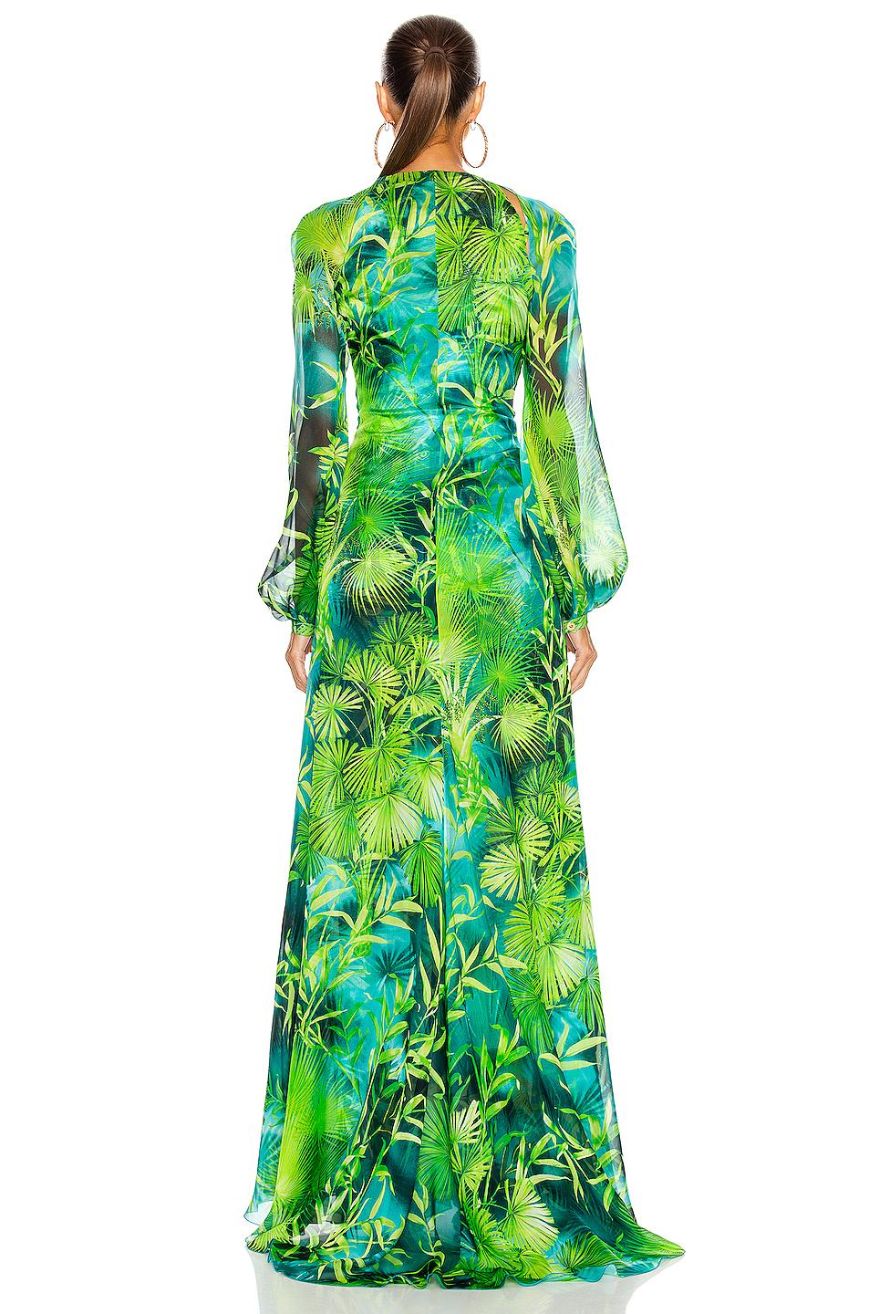 versace spring 2020 green & blue jungle print floor-length silk dress size 38