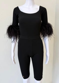 S/S 2021 Black Ribbed Knit Feather-Cuff Romper