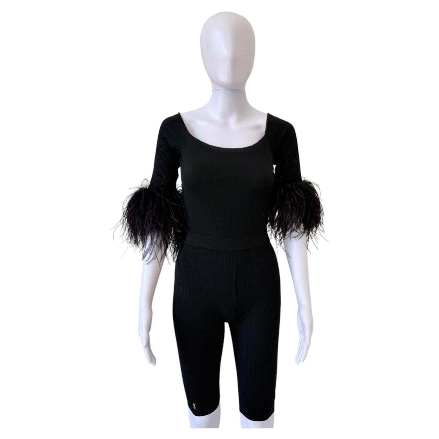 Pre-owned Saint Laurent S/s 2021 Black Ribbed Knit Feather-cuff Romper