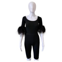 S/S 2021 Black Ribbed Knit Feather-Cuff Romper