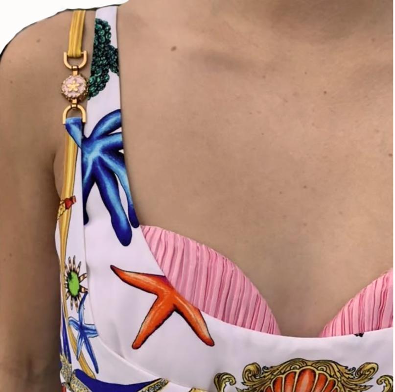 White S/S 2021 L# 60 VERSACE TRESOR De La Mer WHITE MEDUSA RUFFLE DRESS IT 38