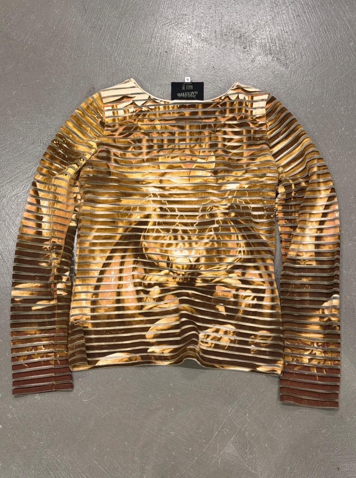 S/S2001 Jean Paul Gaultier satanisch gestreiftes langärmeliges T-Shirt Oberteil (Braun) im Angebot