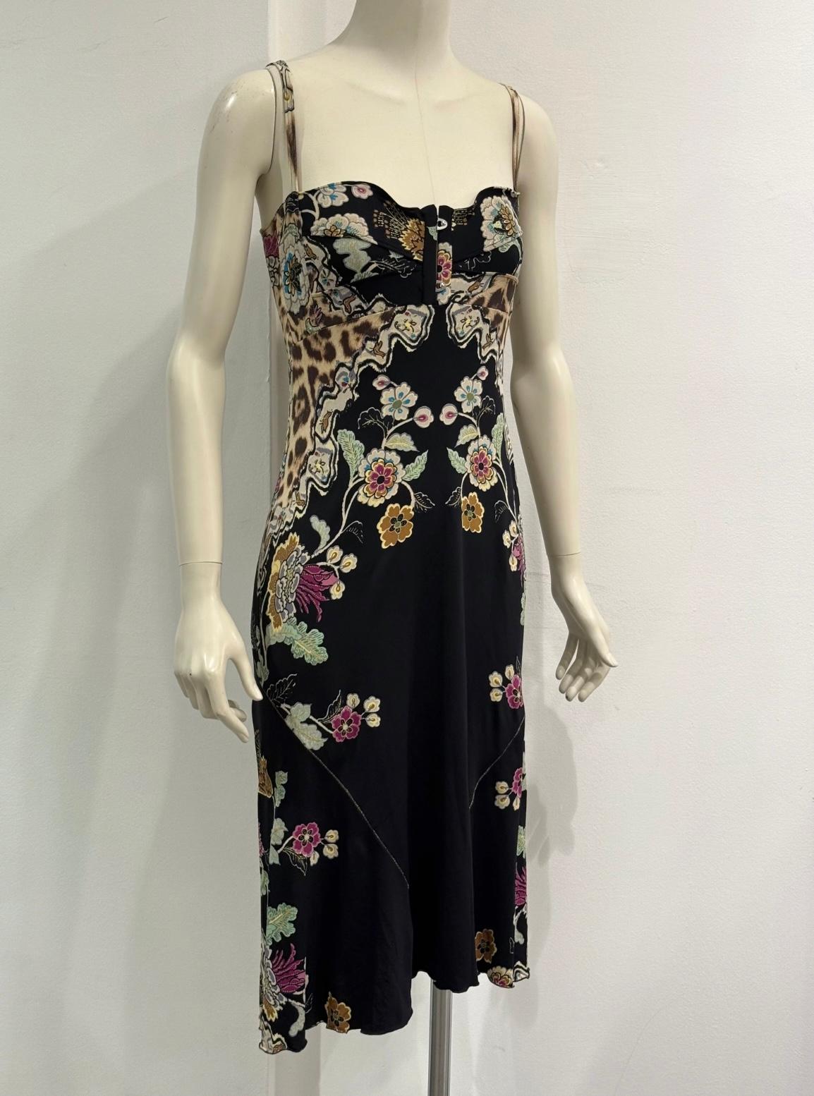 Black S/S2003 Roberto Cavalli Robe corsetée imprimée Chinoiserie en vente