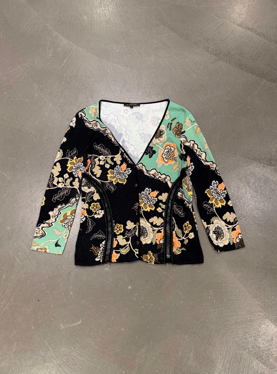 S/S2003 Conjunto Roberto Cavalli con estampado de chinoserie (top, cárdigan y vaqueros) Verde en venta