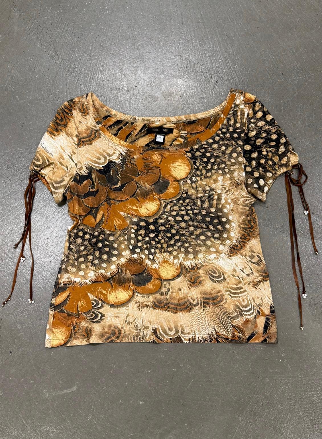 Brown S/S2004 Roberto Cavalli feather print set in vendita