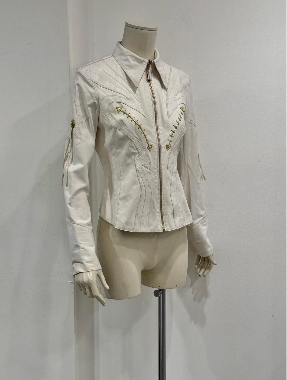 Beige S/S2004 Roberto Cavalli runway western leather jacket For Sale