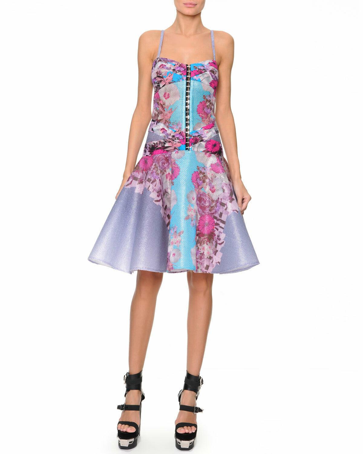 S/S2014 L#20 Versace Lilac Floral Raffia Corset Dress with Flounce Skirt 40 -4/6 In Excellent Condition In Montgomery, TX