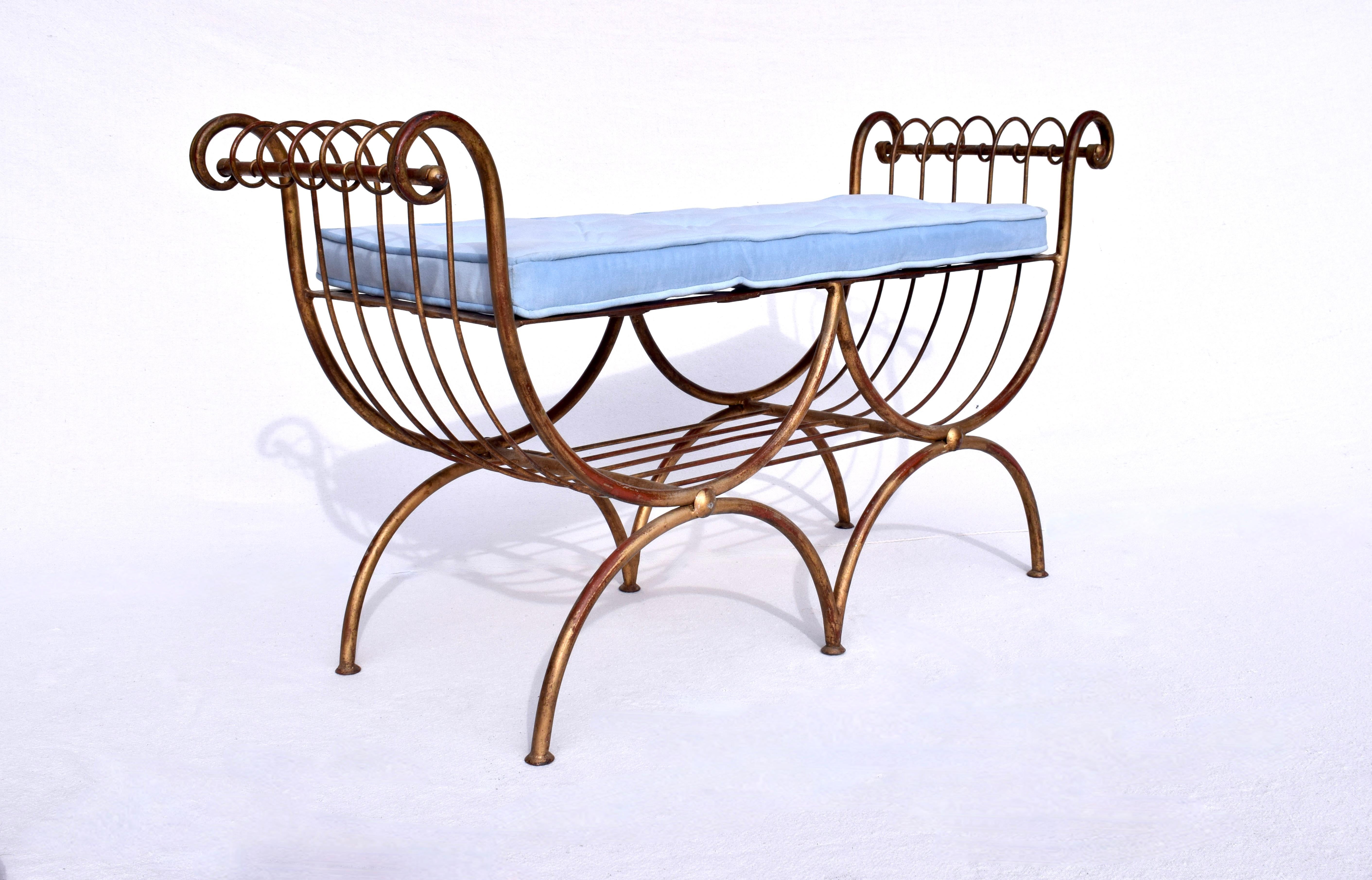 S. Salvadori Gold Enameled Double Curule Bench in Blue Velvet In Good Condition For Sale In Southampton, NJ