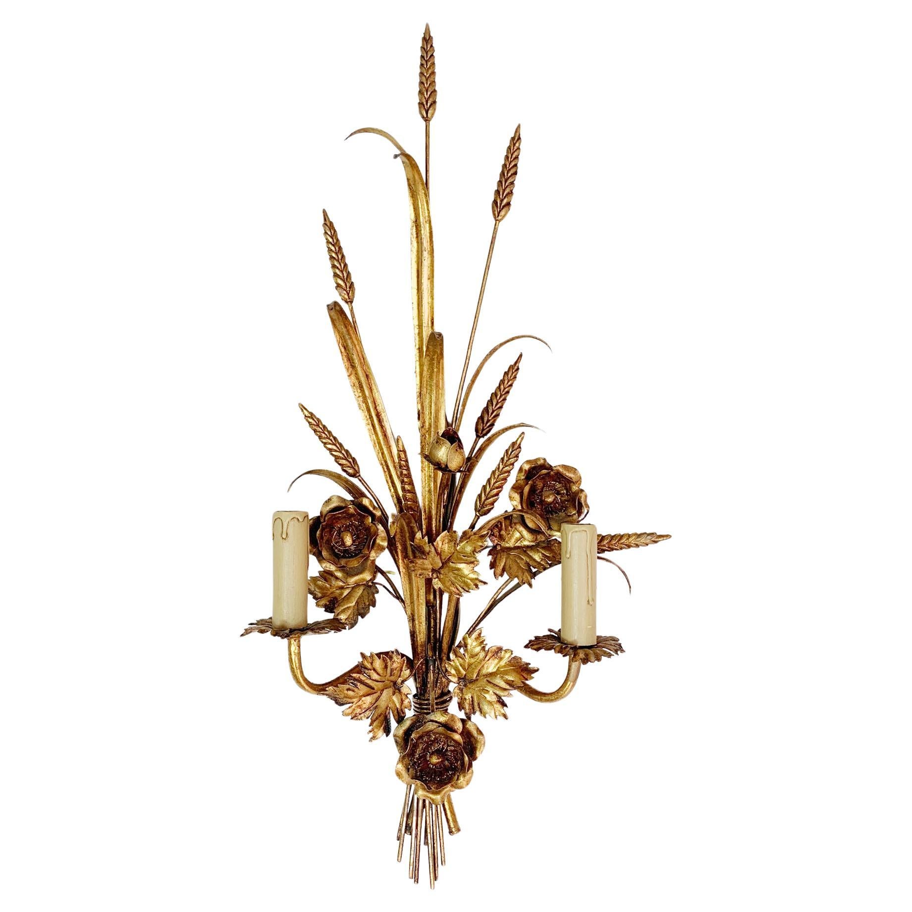 S. Salvadori Gold Wheat Sheaf Wall Sconce, 1970s For Sale
