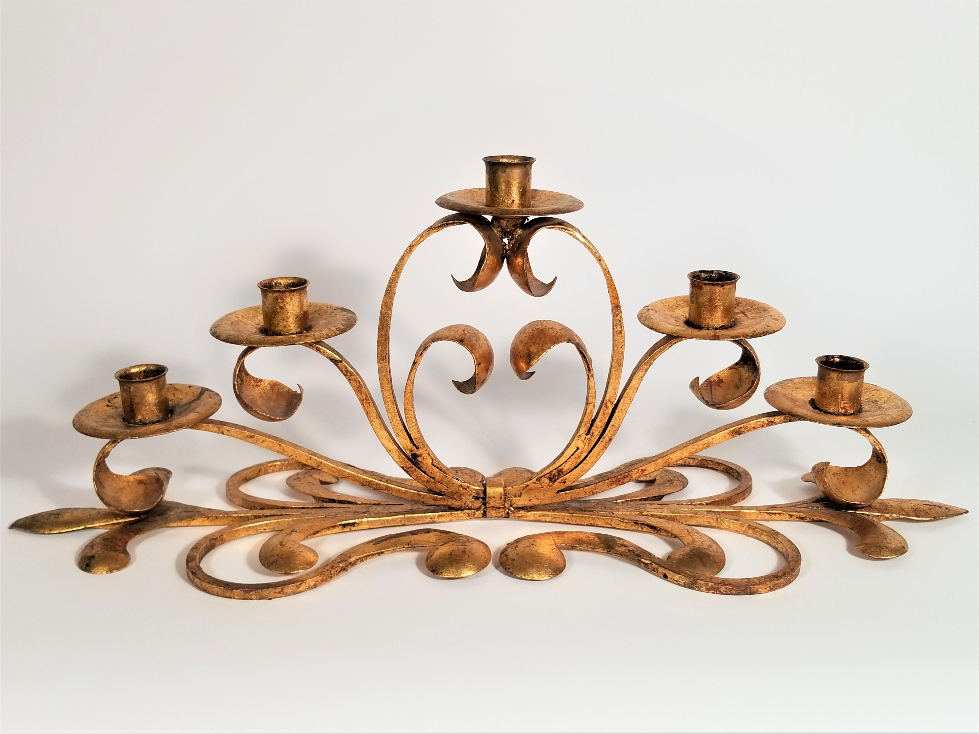 Italian Authentic Signed S. Salvadori made in Italy. Midcentury 1950s gilt iron candelabra or candleholder. 5 arms and holders.
  