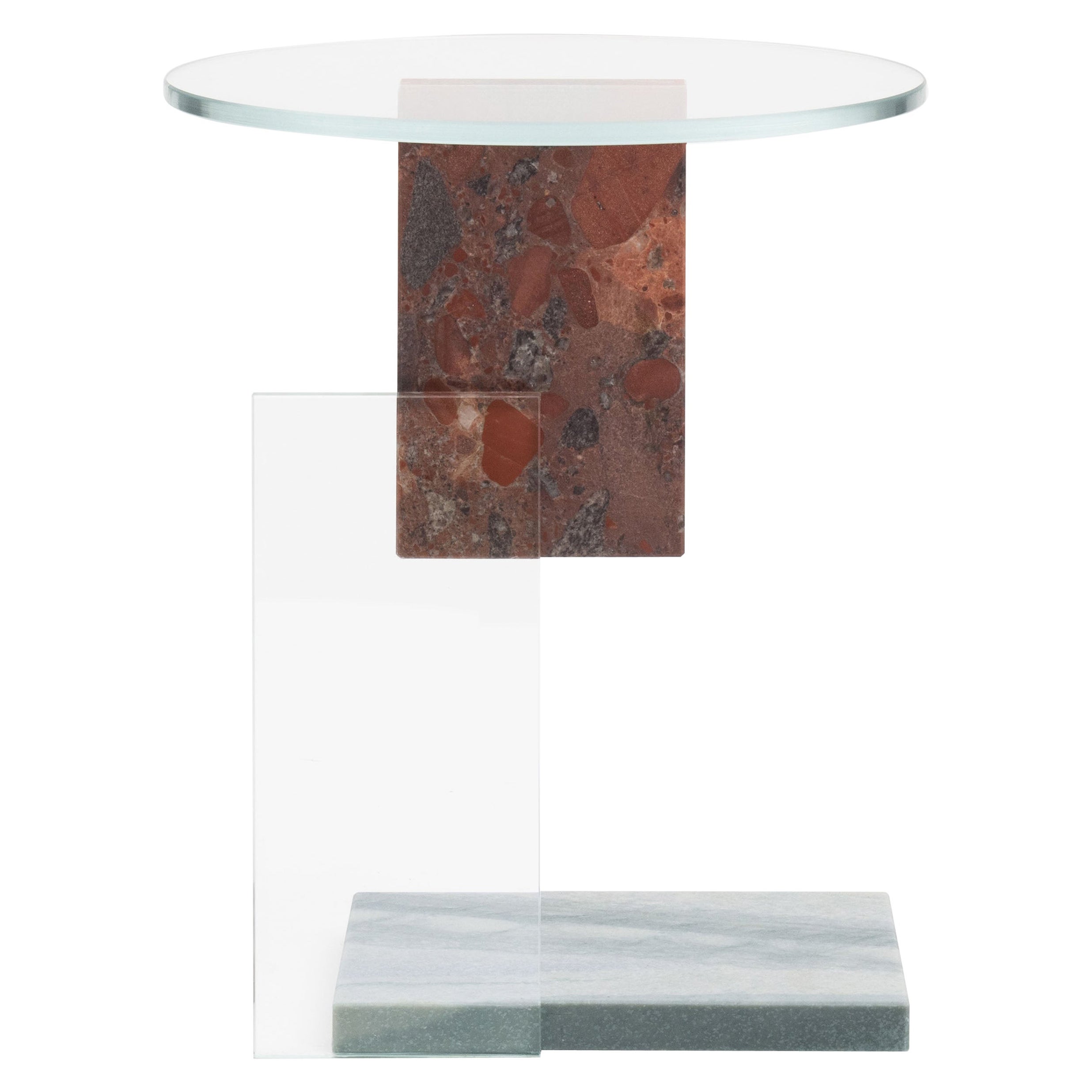 Mesa auxiliar en forma de S, cristal transperente y mármol rojo ladrillo de Frederic Saulou