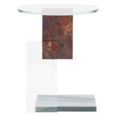 S Shape, Transperant Glass and Brick Red Marble Side Table by Frederic Saulou