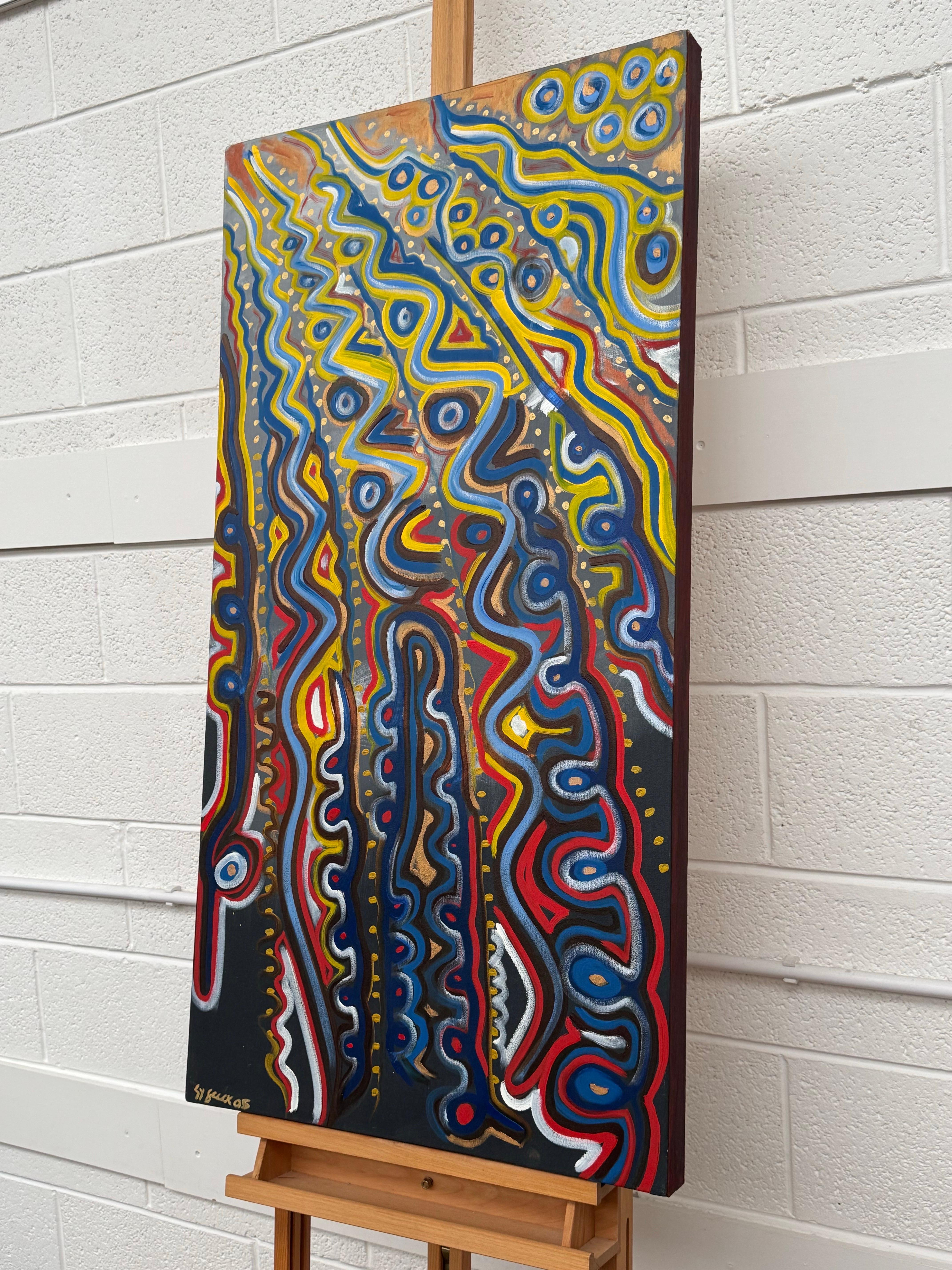 Colourful Abstract Tribal Aboriginal Inspired Oil on Canvas in Portrait Format For Sale 8