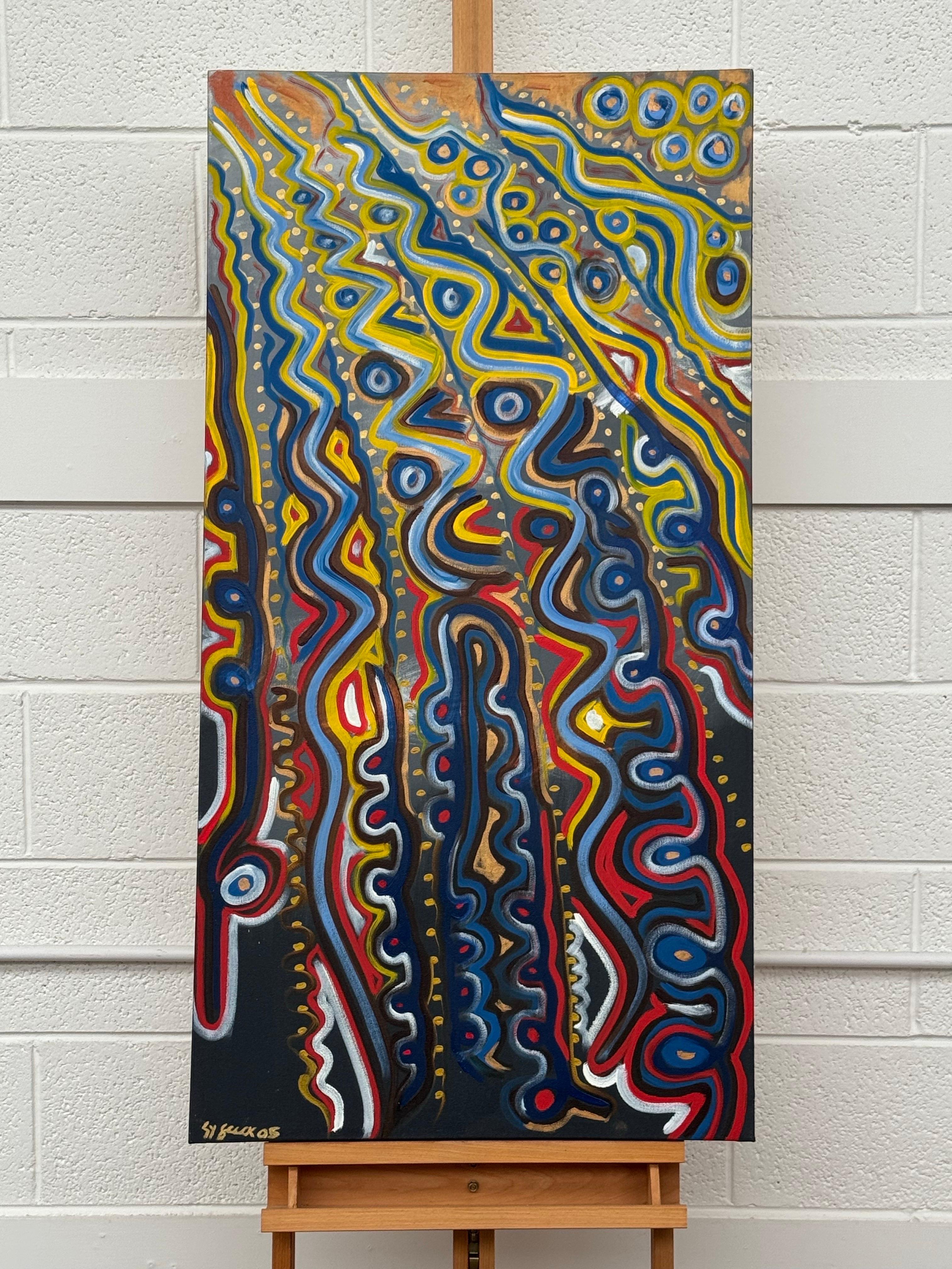Colourful Abstract Tribal Aboriginal Inspired Oil on Canvas in Portrait Format - Black Abstract Painting by S Shorrock