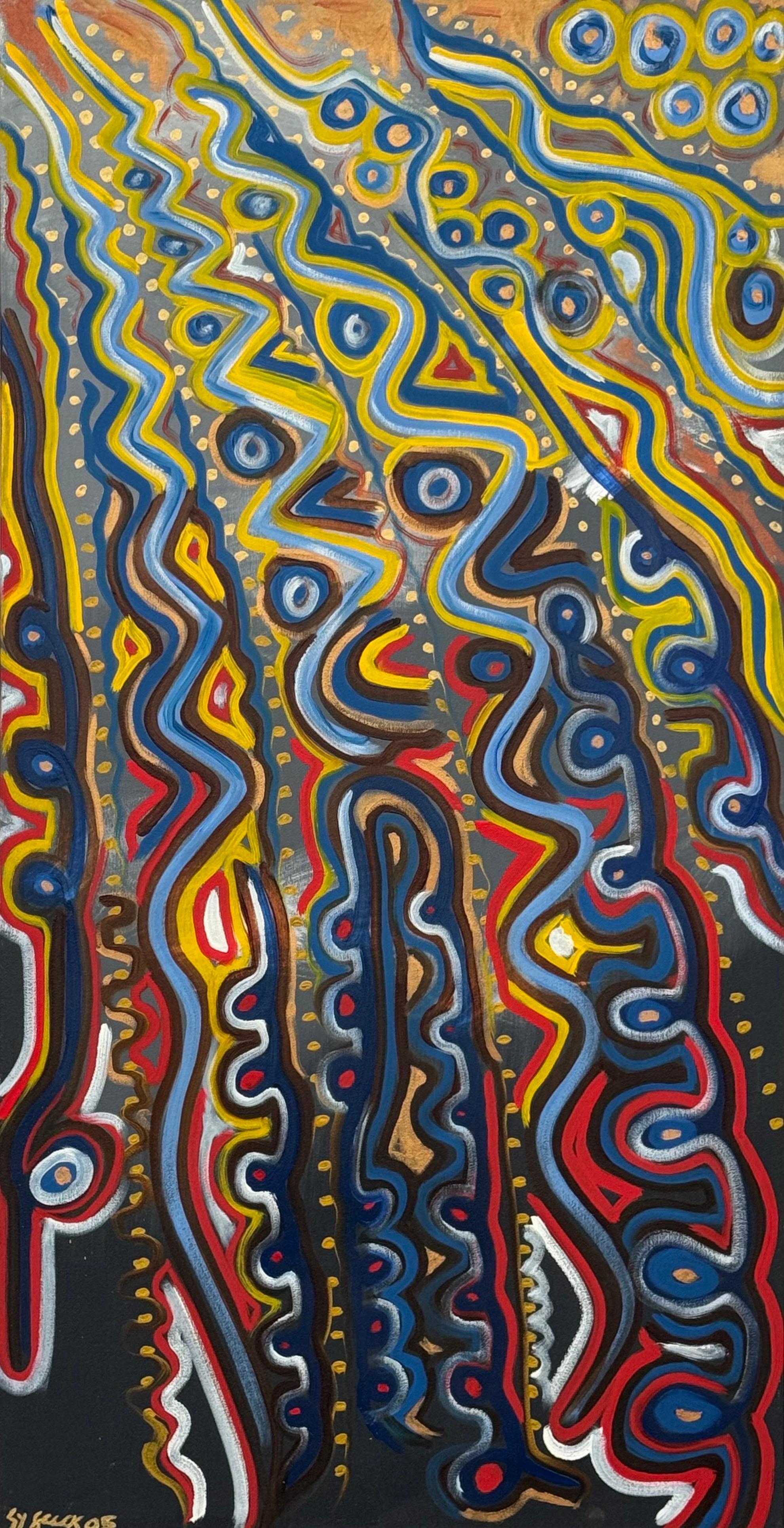 Colourful Abstract Tribal Aboriginal Inspired Oil on Canvas in Portrait Format