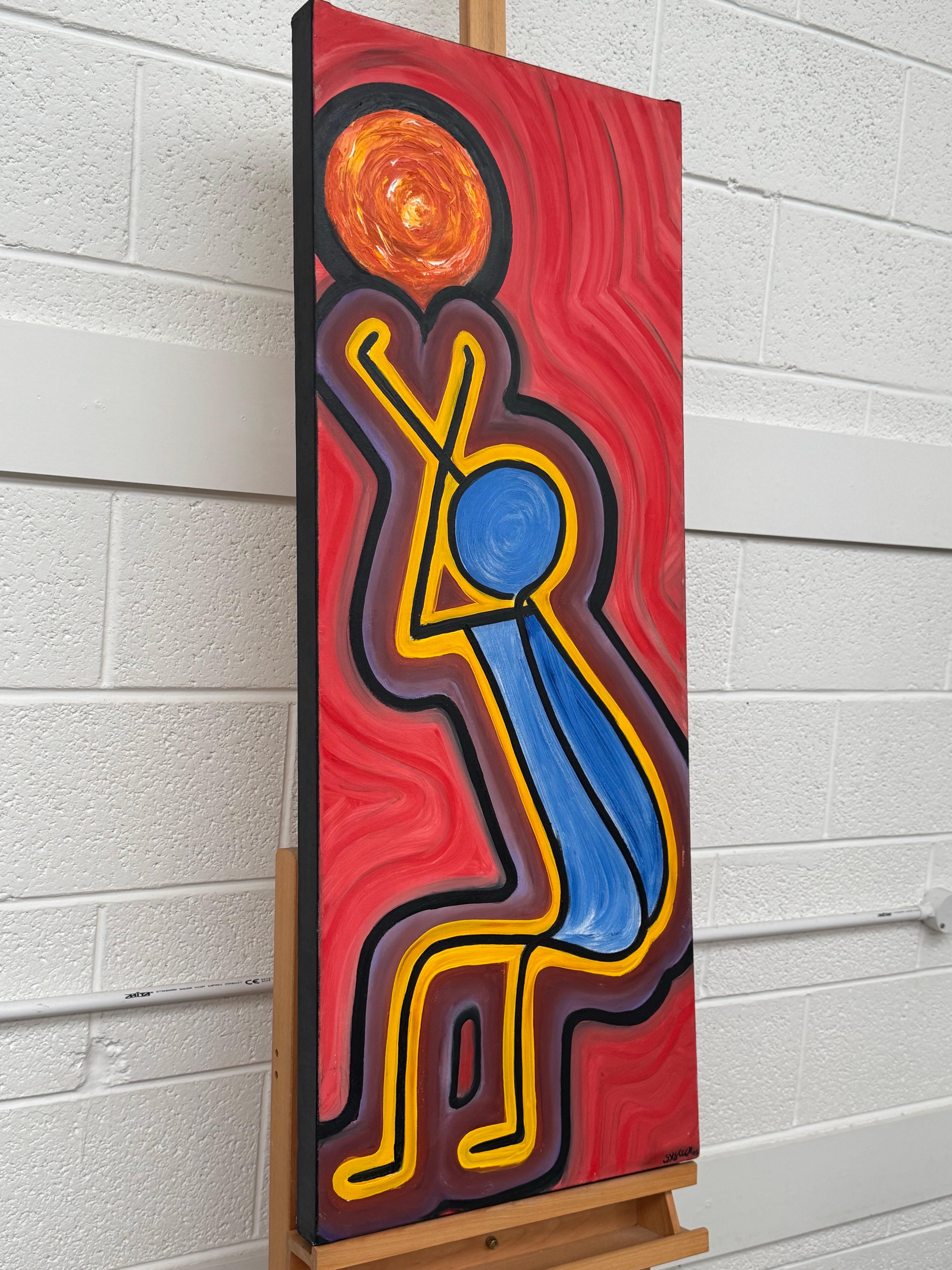 Colourful Tribal Aboriginal Inspired Oil on Canvas entitled “The Reacher” in Portrait Format

Figure Reaching Toward the Sun
Medium: Oil on canvas
Attributed Artist: Contemporary in style of modern expressionism

⸻

Overview
This arresting