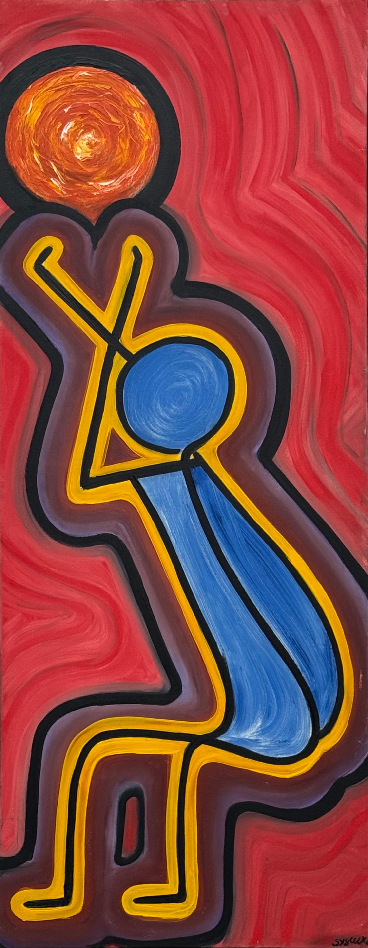 The Reacher - Colourful Tribal Aboriginal Inspired Oil on Canvas Portrait Format