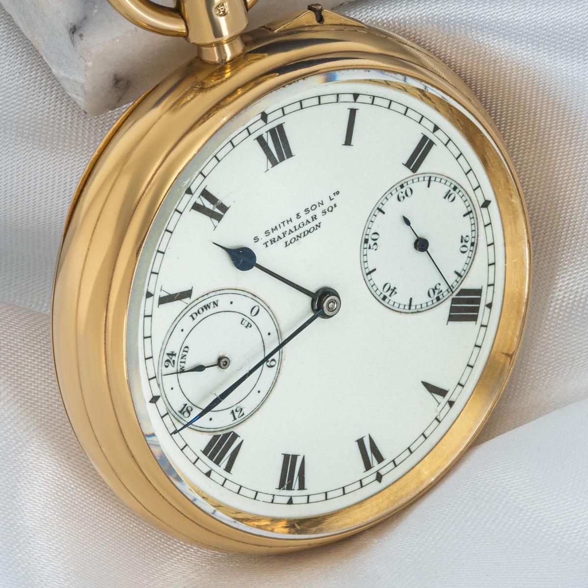 S. Smith and Son. A Rare Heavy 18ct Yellow Gold Keyless Lever Fusee Up & Down Free Sprung Open Face Pocket Watch C1919.

Dial: The beautiful cream coloured Willis dial signed S. Smith & Son Ltd Trafalgar Square London with bold Roman numerals outer
