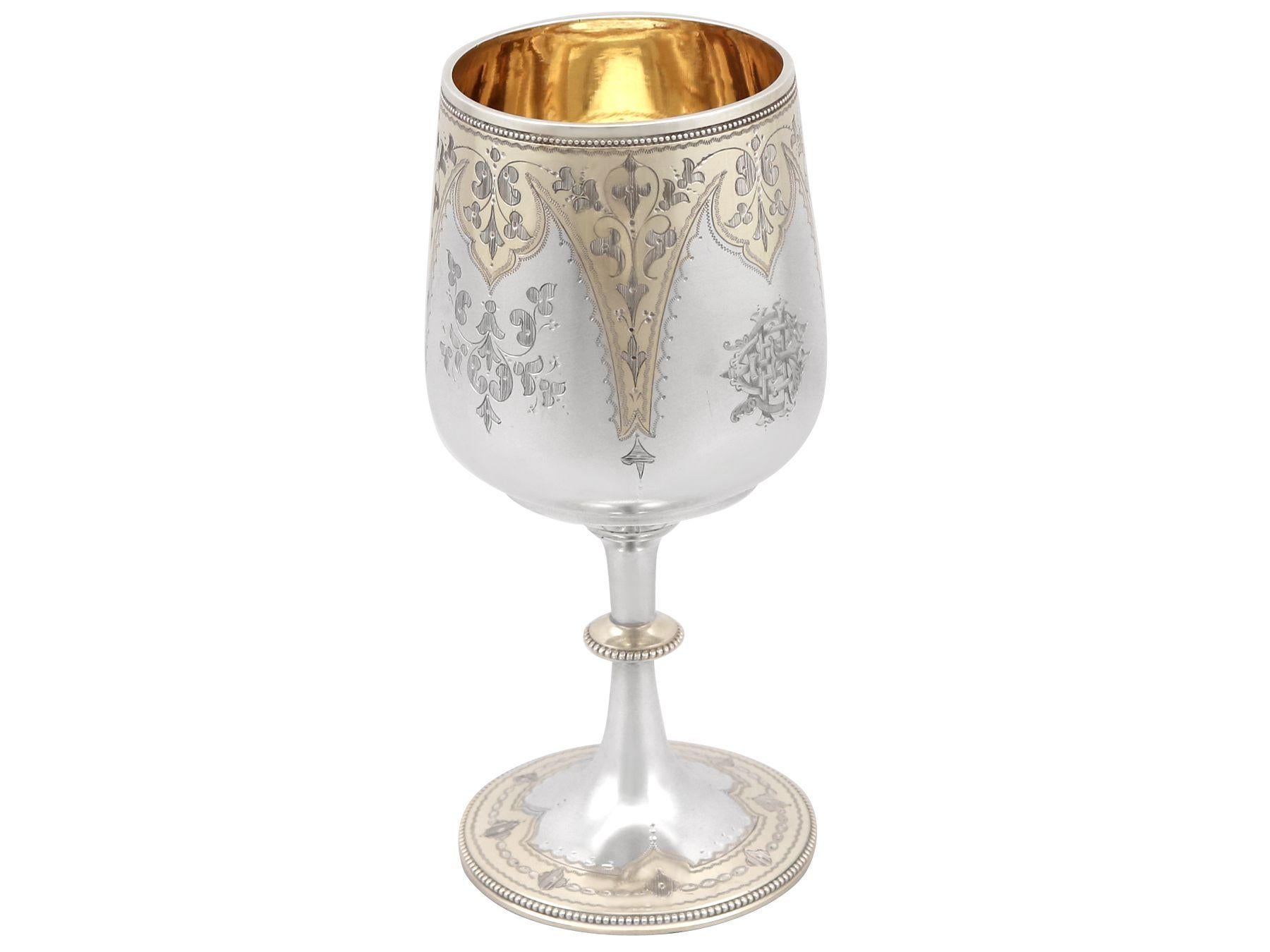 An exceptional, fine and impressive antique Victorian sterling silver goblet; an addition to our wine and drinks related silverware collection

This exceptional, fine and impressive Victorian antique goblet has a circular bell shaped form onto a