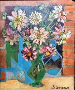 Mid Century Still Life with Flowers in Green Vase and Blue Abstract Painting