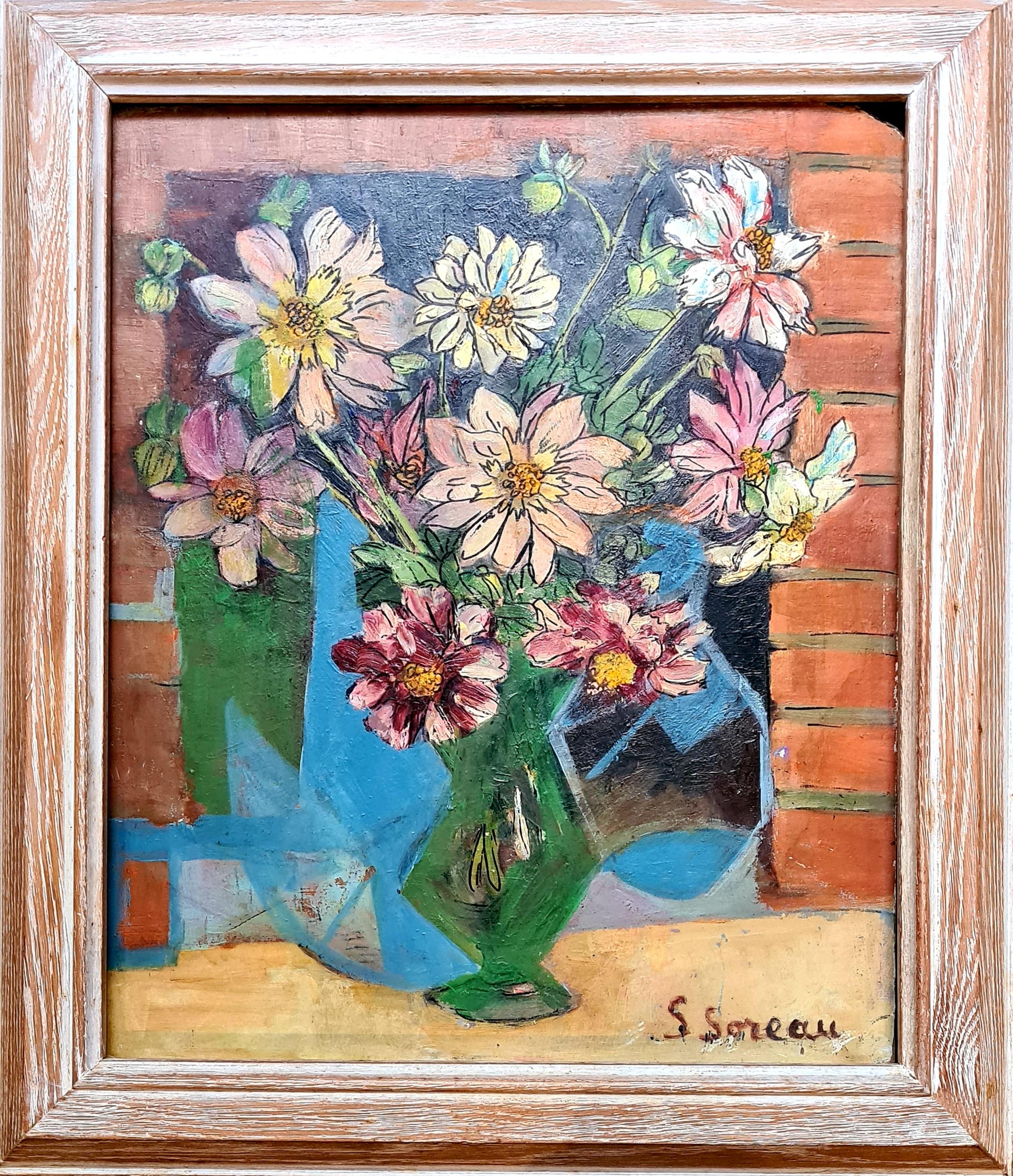 S Soreau Still-Life Painting - Mid Century Still Life with Flowers in Green Vase and Blue Abstract Painting