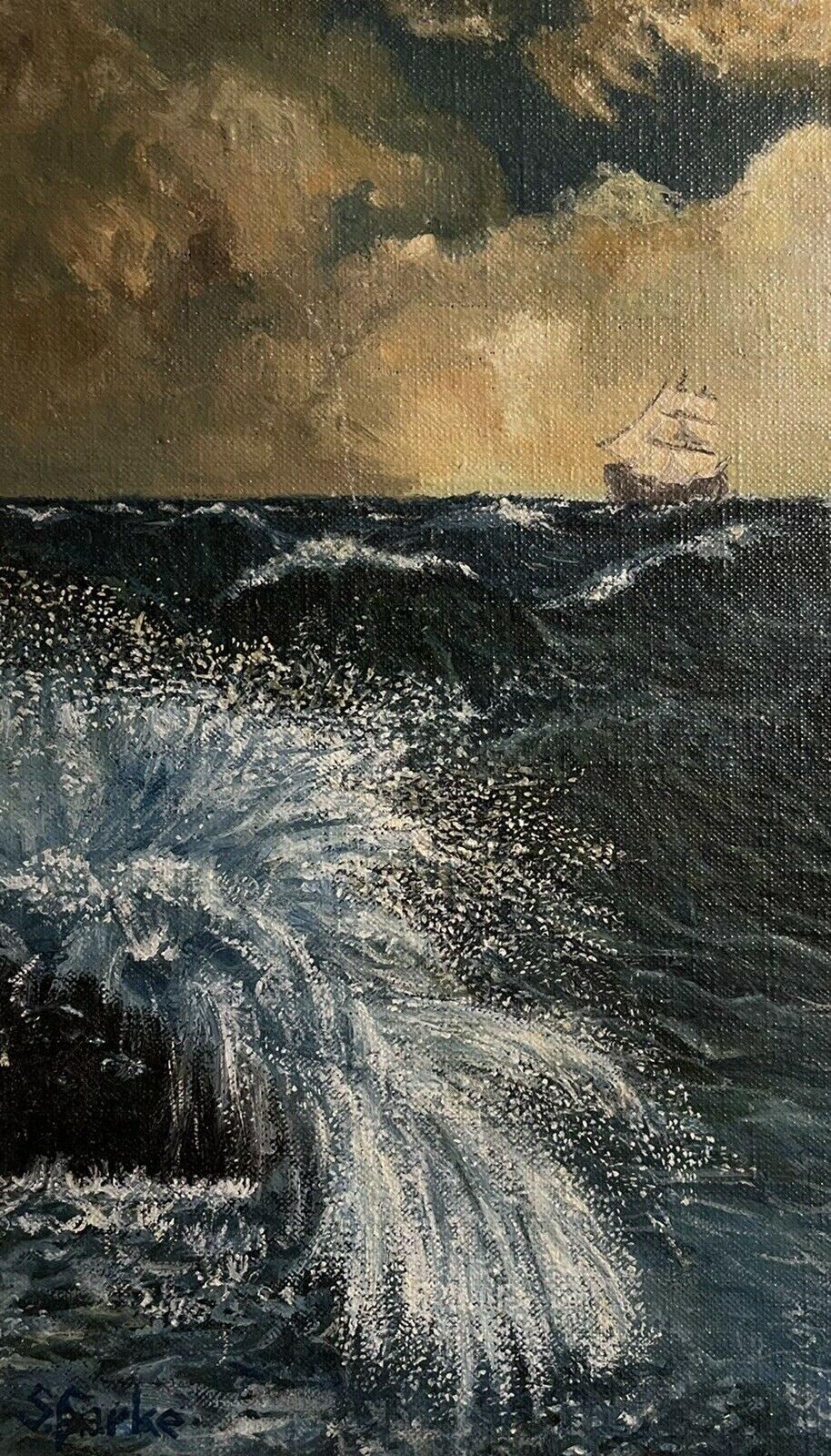 Heaving Seas and Sailing Ship, signiertes englisches postimpressionistisches Ölgemälde (Grau), Landscape Painting, von S. Spark