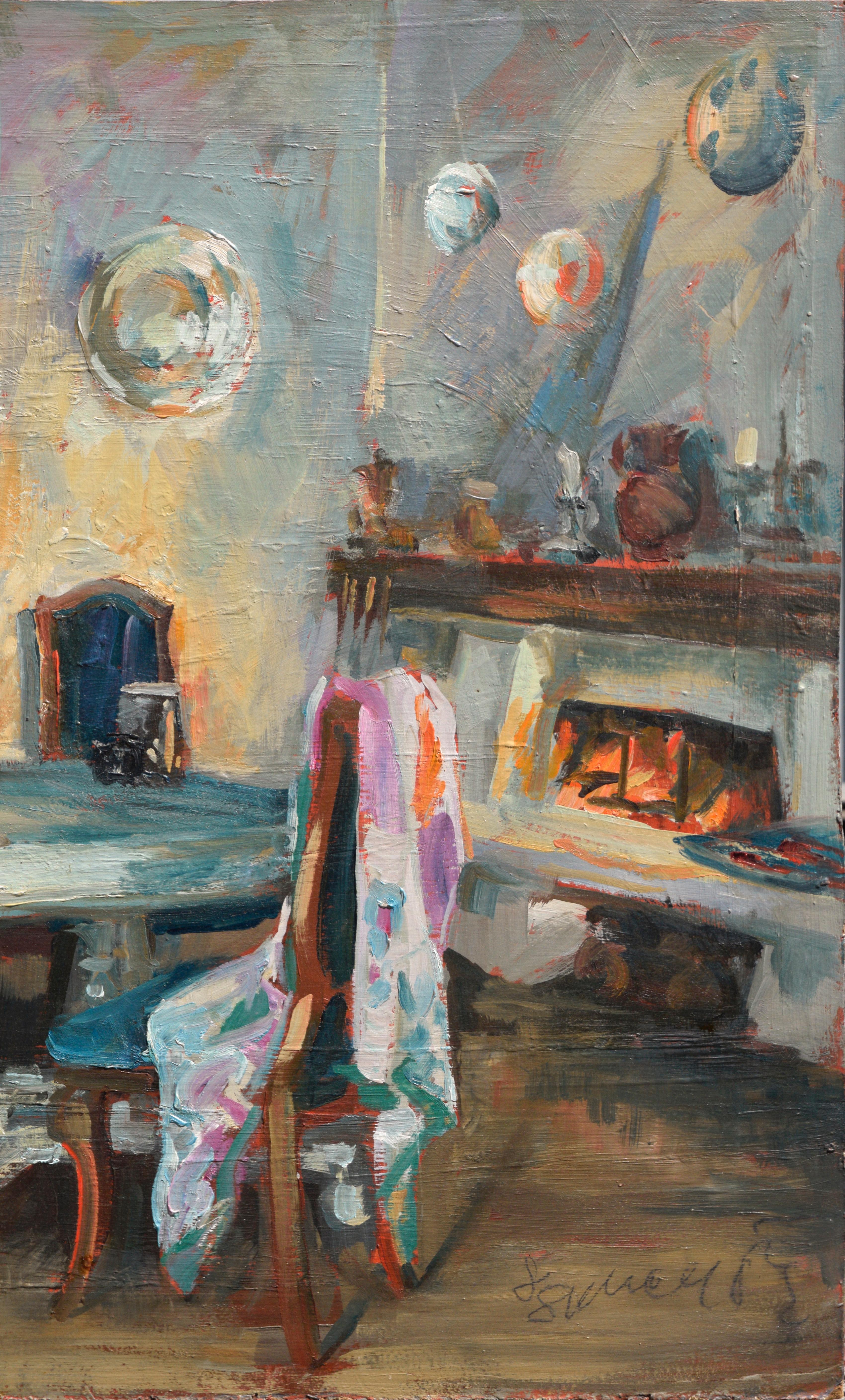 Dining Room Interior Scene in Oil on Masonite - Painting by S. Spencer