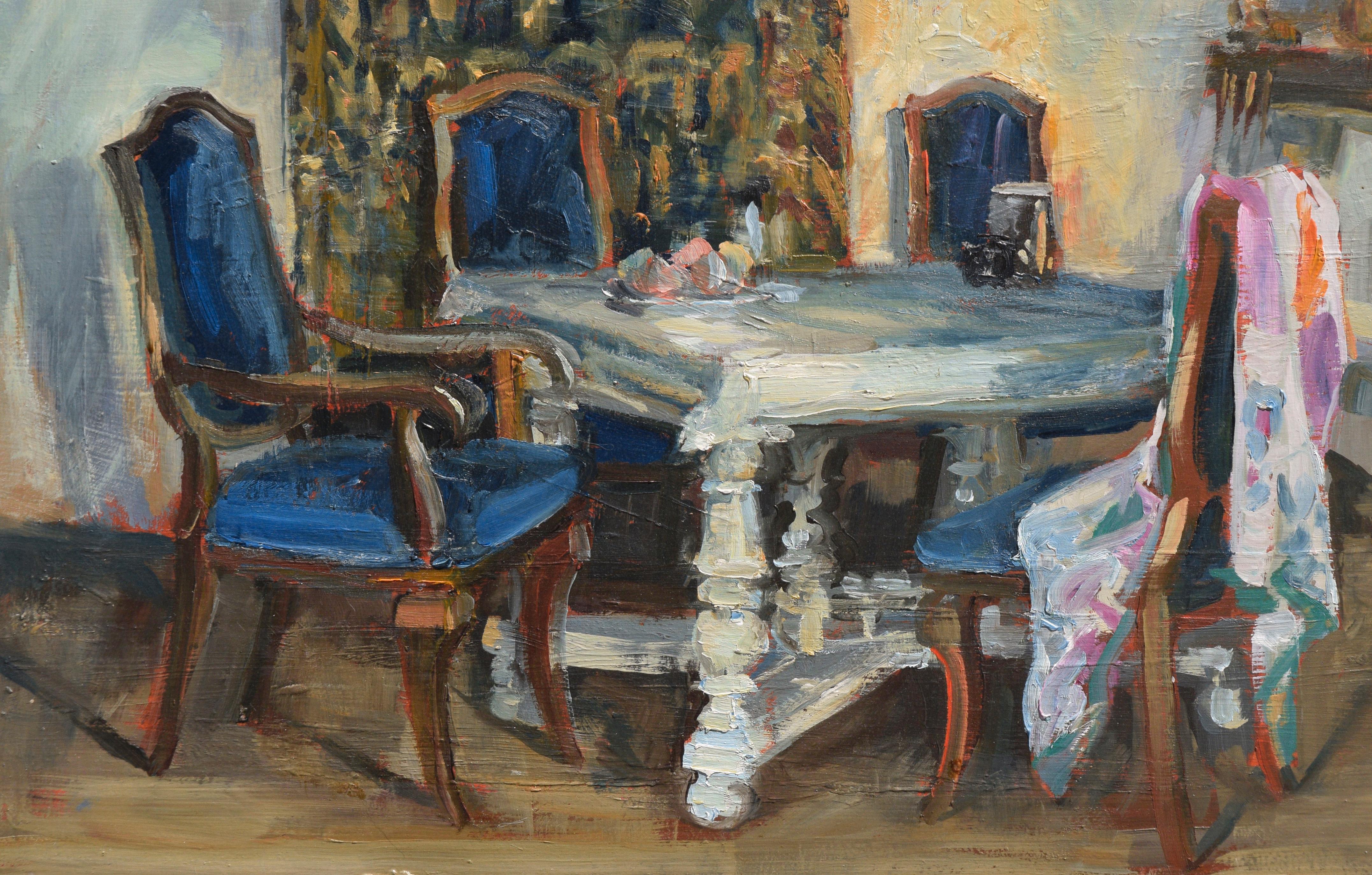 Dining Room Interior Scene in Oil on Masonite - Brown Interior Painting by S. Spencer