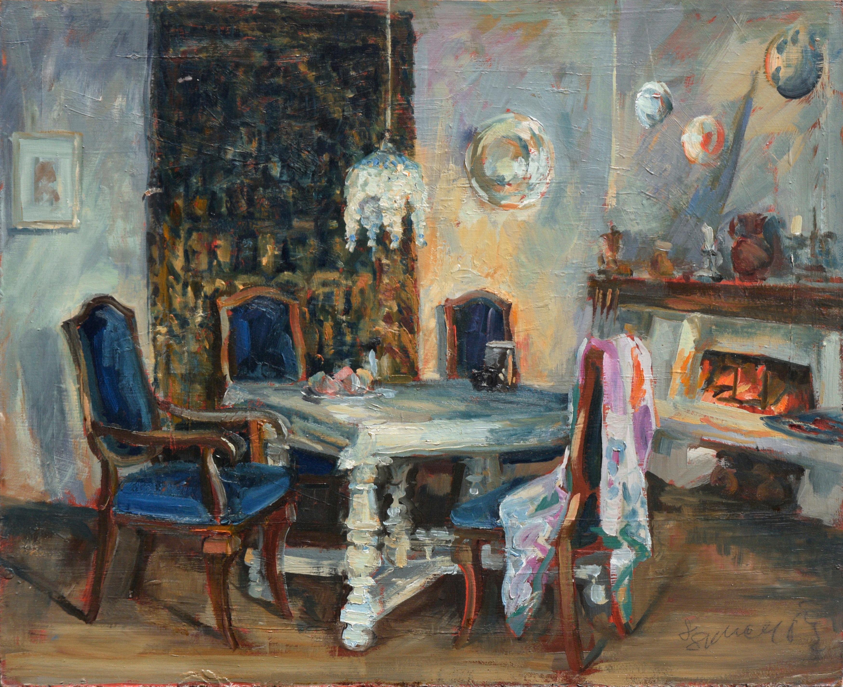 S. Spencer Interior Painting - Dining Room Interior Scene in Oil on Masonite