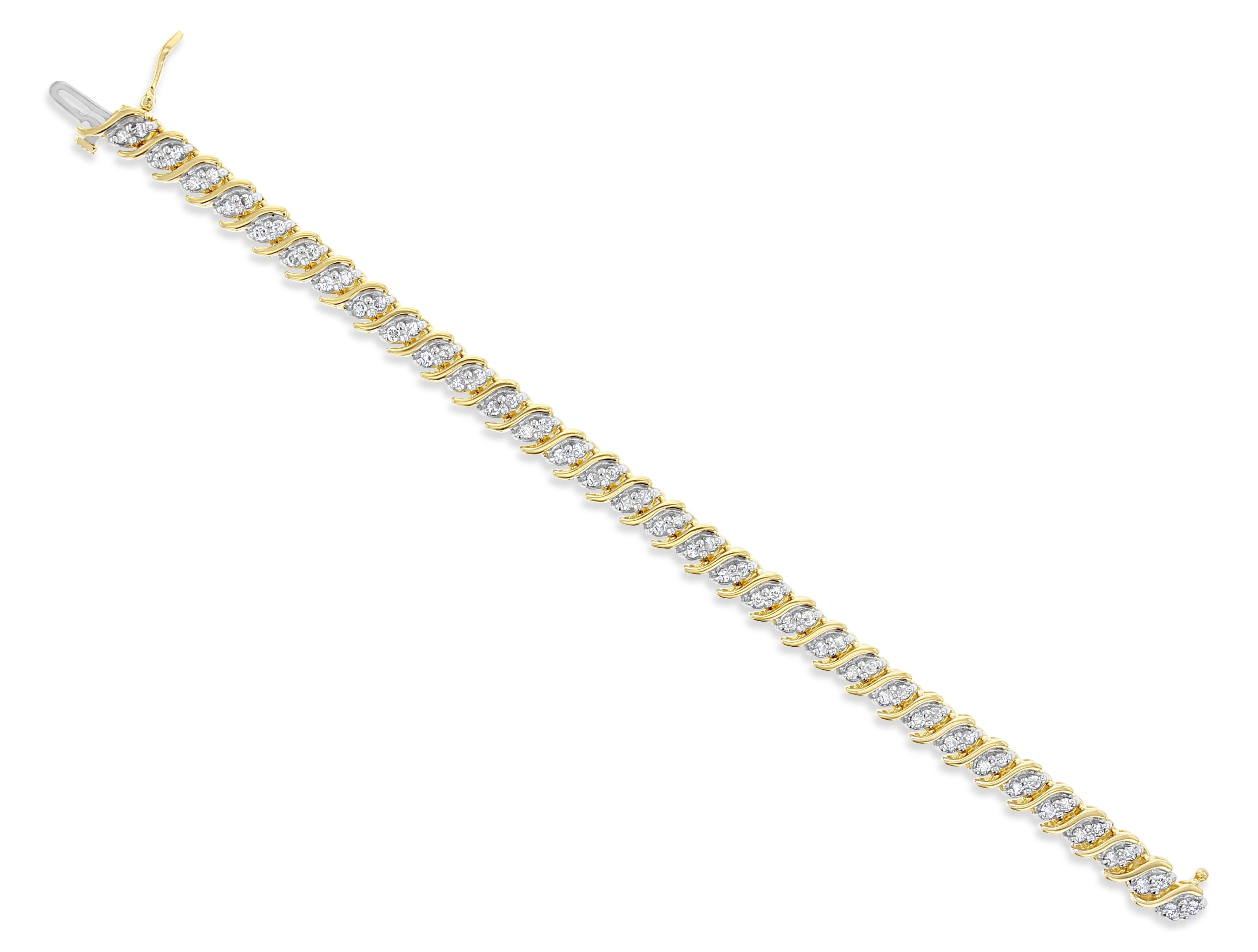 Taille ronde Bracelet tennis de style S avec diamants 2,10 carats au total en or jaune 14 carats en vente
