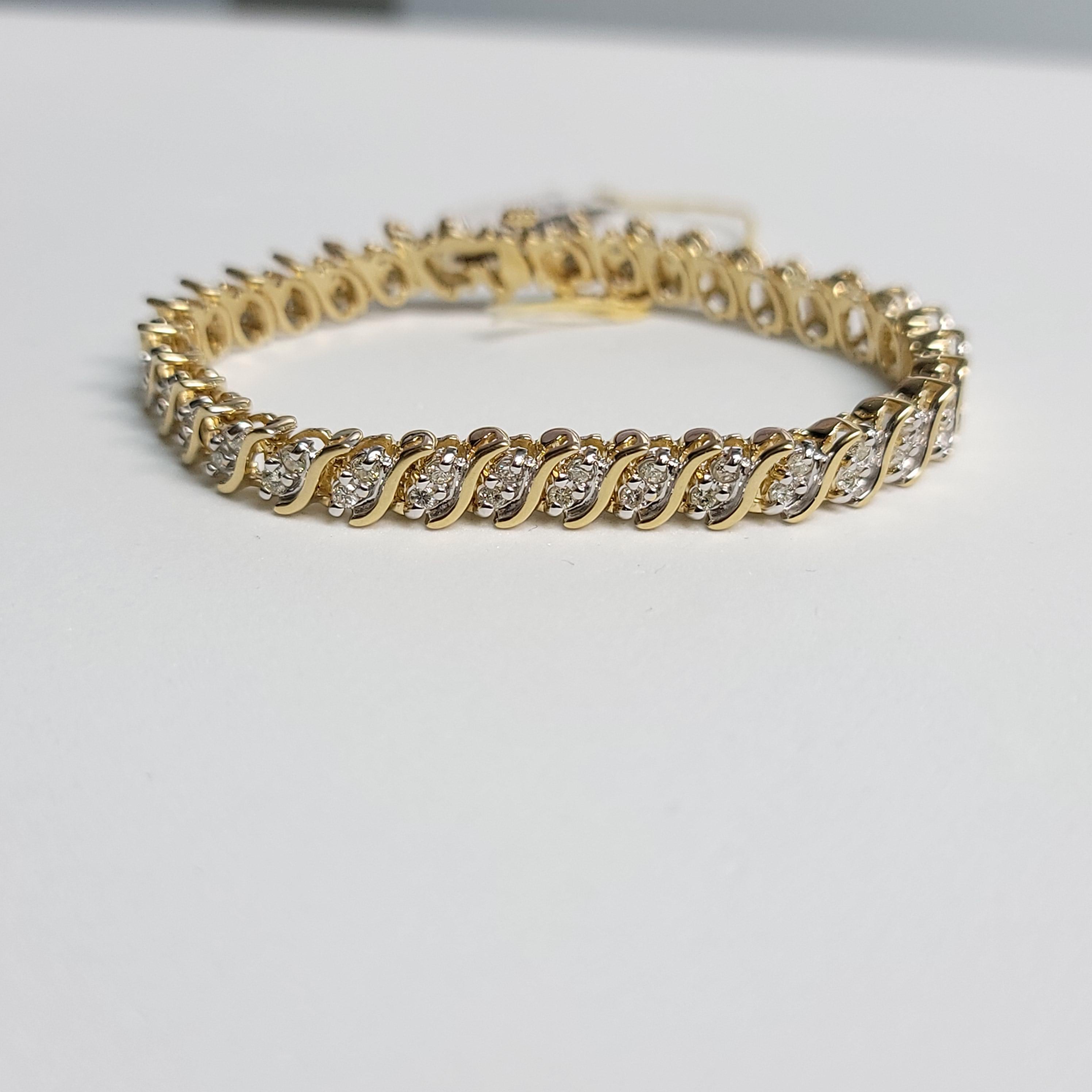 Bracelet tennis de style S avec diamants 2,10 carats au total en or jaune 14 carats Neuf - En vente à Sugar Land, TX