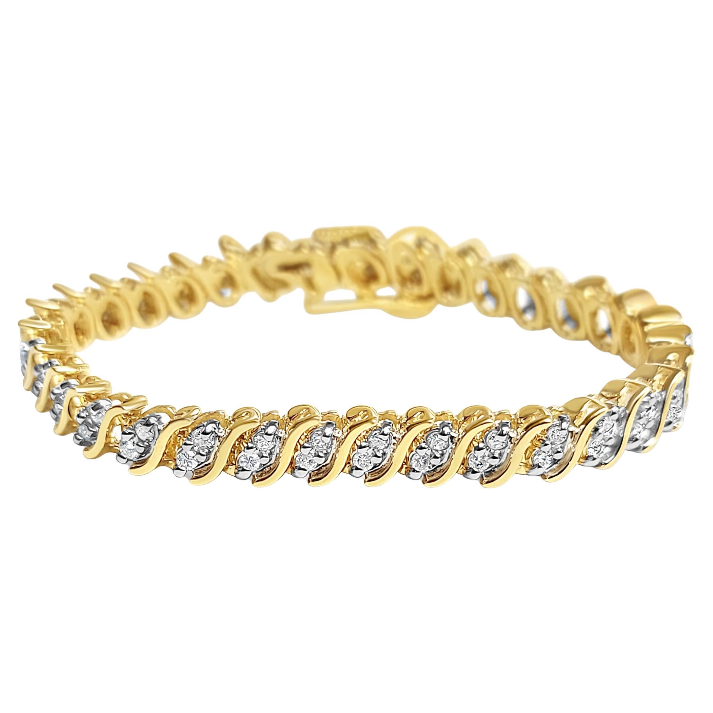Bracelet tennis de style S avec diamants 2,10 carats au total en or jaune 14 carats
