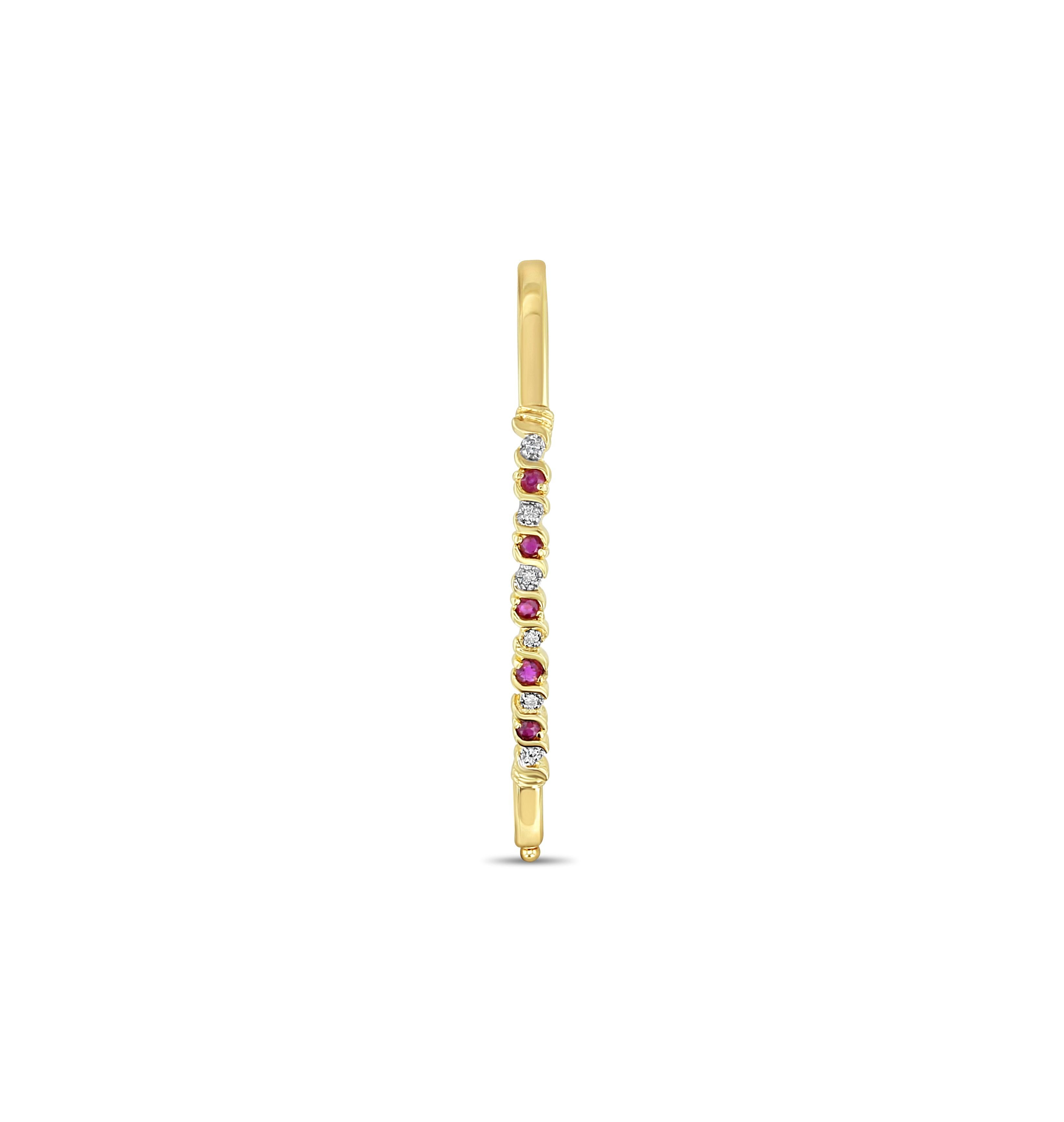 ♥ Bangle Description ♥

Main Stone: Diamonds & Ruby 
Approx. Total Carat Weight: .44cttw
Ruby Carat Weight: .38ct
Metal Type: 14K Yellow Gold 
Stone Cut: Round
Metal Weight: 6 grams
Bracelet Width (outside diameter):  2.4 inches